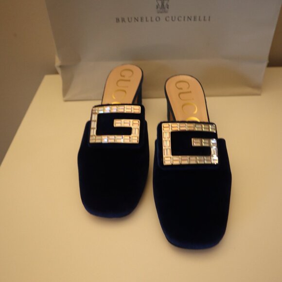 Gucci Madelyn Mules Crystal Logo Velvet Cobalt Blue Size 38 8 - Picture 10 of 12